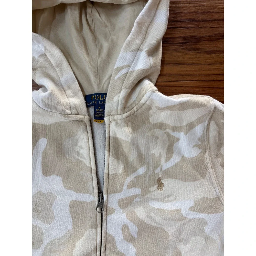 Polo Ralph Lauren Boys Tan White Camo Full Zip Hoodie Sweatshirt M 10-12